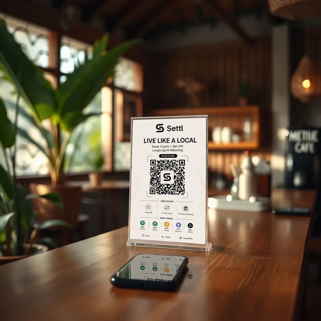 A Settl QR sticker standing on a cafe counter